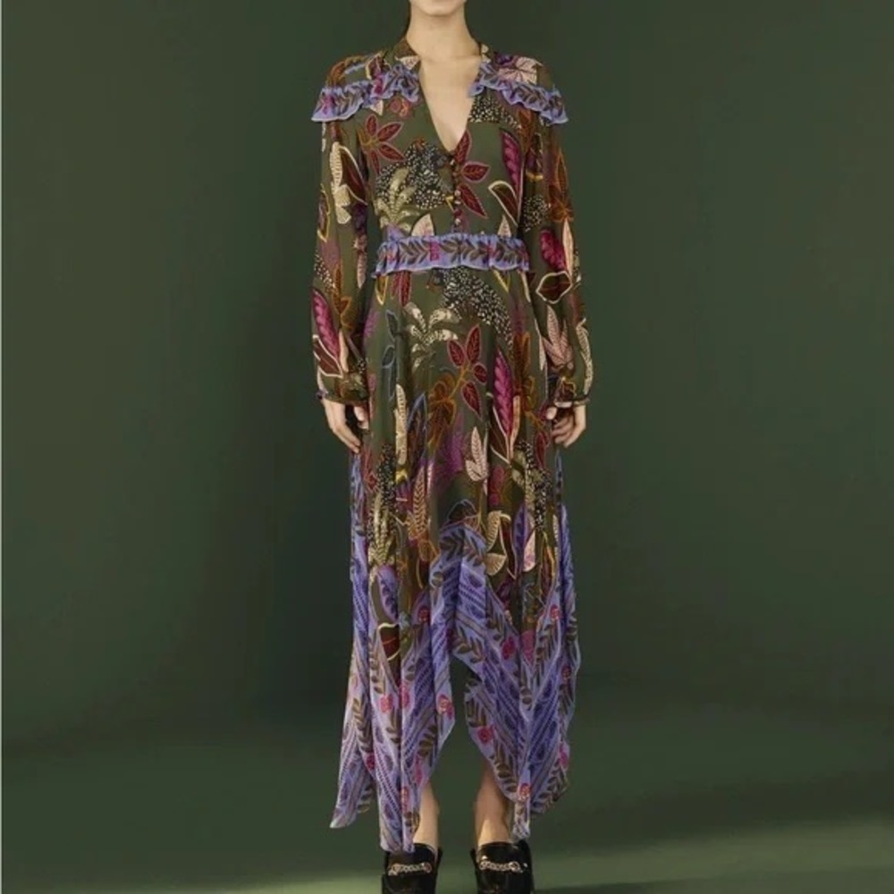 FARM Rio Wild Jungle Olive Green Midi Dress with Purple and Pink